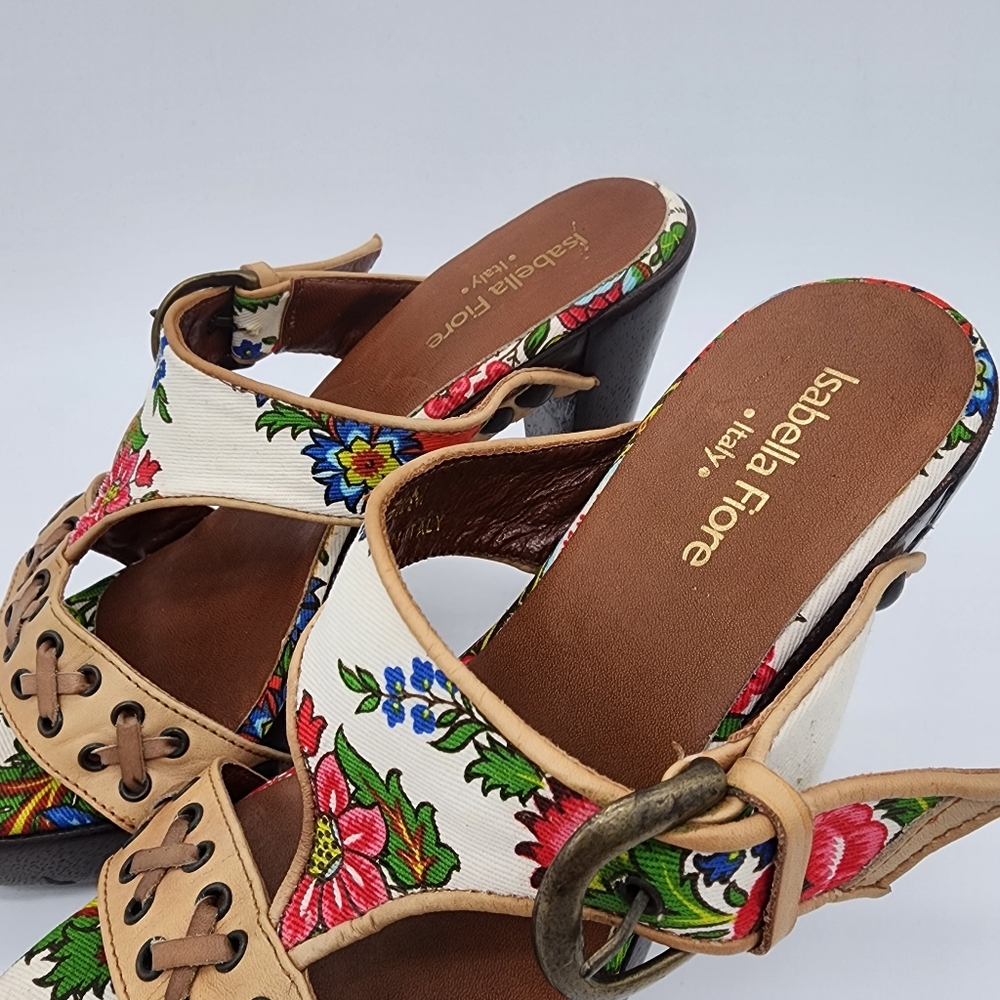 Isabella Fiore Italy Floral Wooden Platform Heel Clogs Sandals Size 5.5 - Picture 8 of 14